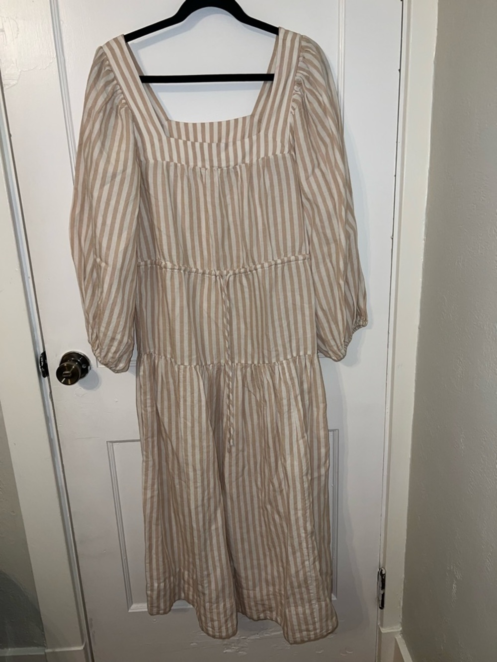 Striped Beige & White Midi Tiered Dress with Square Neck
